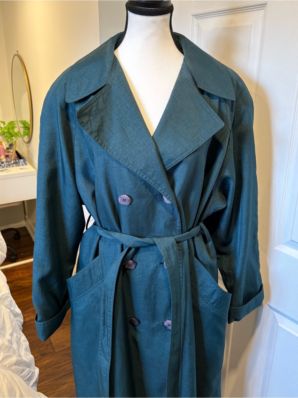 Vintage Nuage Dark Teal Trench Coat Size 14 Belted Double Breasted